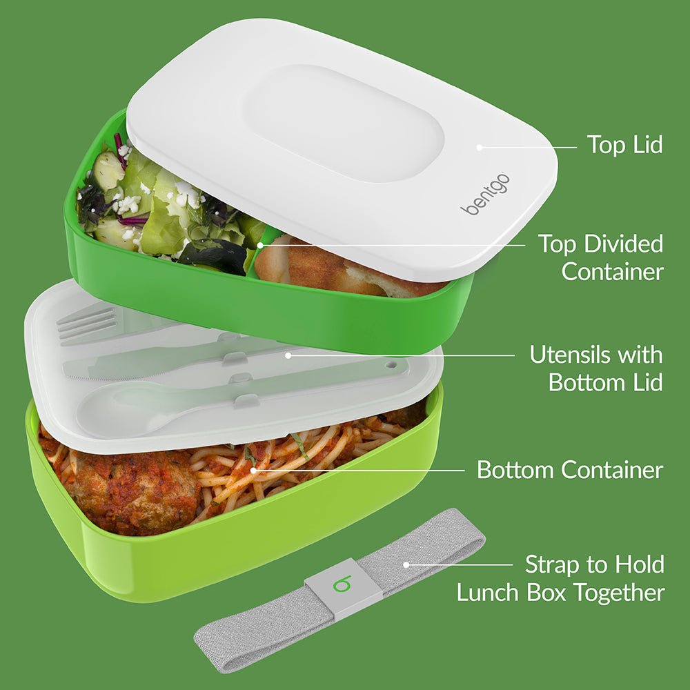 Bentgo® Classic Lunch Box (2-Pack) - Green | Includes Top Lid, Top Divided Container, Utensils with Bottom Lid, Bottom Container, And Strap to Hold Lunch Box Together