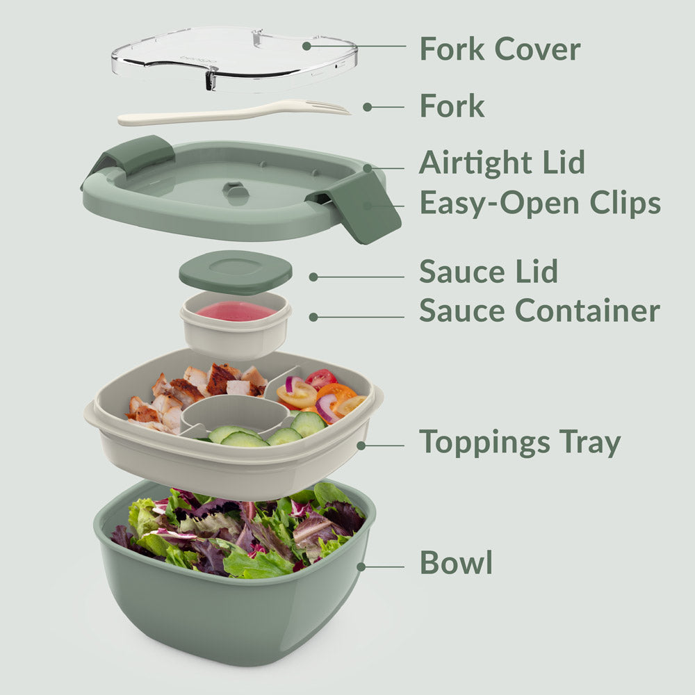 Bentgo® Salad Container (2-Pack) - Khaki Green | Fork Cover, Fork, Airtight Lid With Easy-Open Clips, Sauce Lid, Sauce Container, Toppings Tray, And Bowl