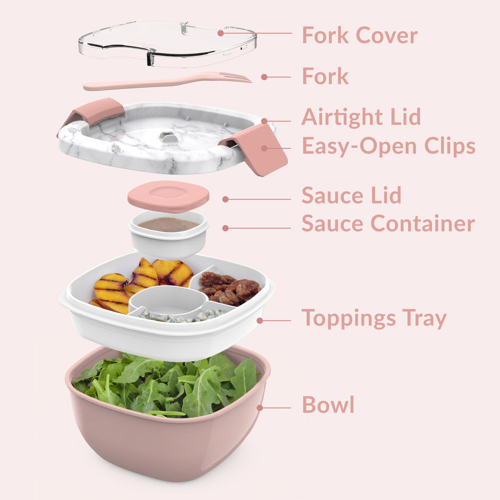 Bentgo® Salad Container (2-Pack) - Blush Marble | Fork Cover, Fork, Airtight Lid With Easy-Open Clips, Sauce Lid, Sauce Container, Toppings Tray, And Bowl