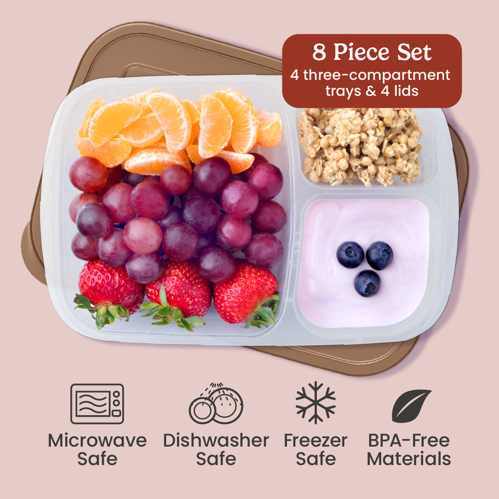 Bentgo® Easyboxes 3-Compartment Food Containers 8-Piece Set - Earth Tones | 8-Piece Set with 4 three-compartment trays & 4 lids. Microwave safe, dishwasher safe, freezer safe, and made with BPA-free materials