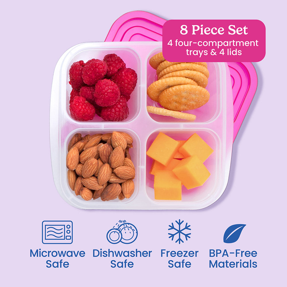 Bentgo® Easyboxes 4-Compartment Snack Containers 8-Piece Set - Brights | 8 Piece Set with 4 four-compartment trays & 4 lids. Microwave safe, dishwasher safe, freezer safe, and made with BPA-free materials