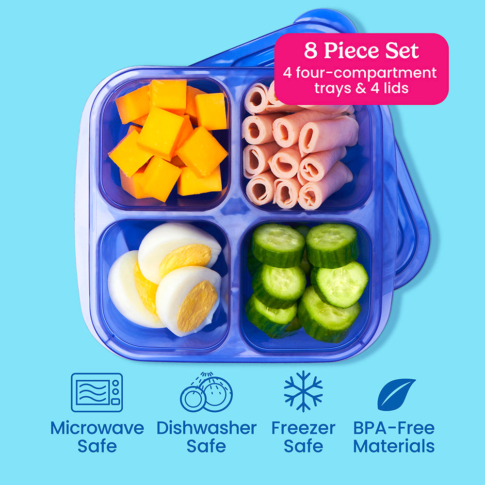 Bentgo® Easyboxes 4-Compartment Snack Containers 8-Piece Set - Jewel Brights | 8 Piece Set with 4 four-compartment trays & 4 lids. Microwave safe, dishwasher safe, freezer safe, and made with BPA-free materials