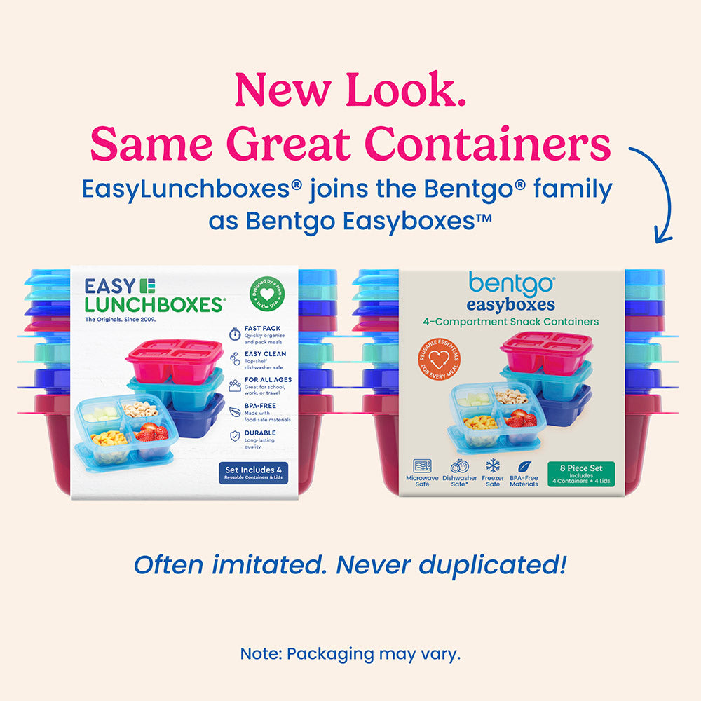 Bentgo® Easyboxes 4-Compartment Snack Containers 8-Piece Set - Jewel Brights | New Look. Same Great Containers - EasyLunchboxes® joins the Bentgo® family as Bentgo Easyboxes™