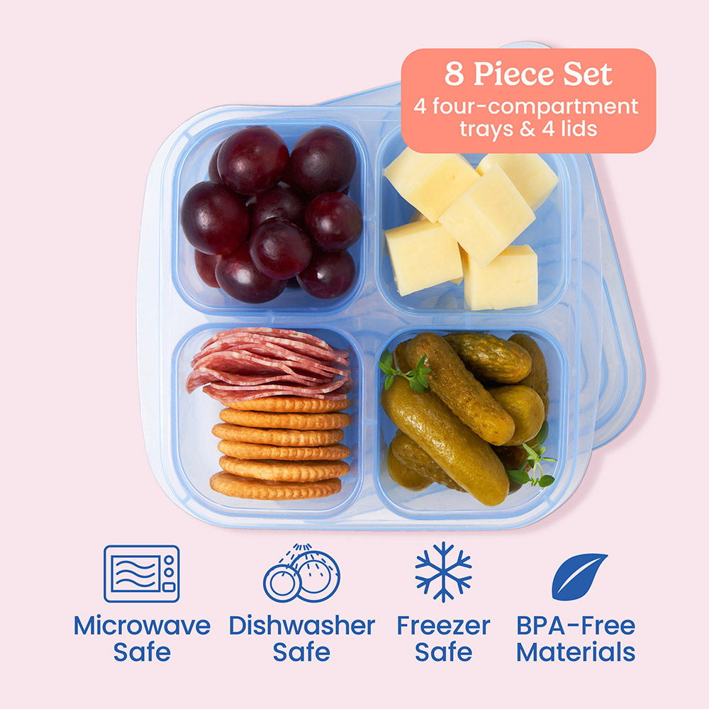 Bentgo® Easyboxes 4-Compartment Snack Containers 8-Piece Set - Pastels | 8 Piece Set with 4 four-compartment trays & 4 lids. Microwave safe, dishwasher safe, freezer safe, and made with BPA-free materials