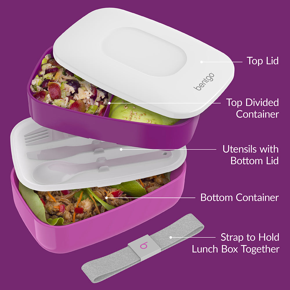 Bentgo® Classic Lunch Box - Purple | Includes Top Lid, Top Divided Container, Utensils with Bottom Lid, Bottom Container, And Strap to Hold Lunch Box Together