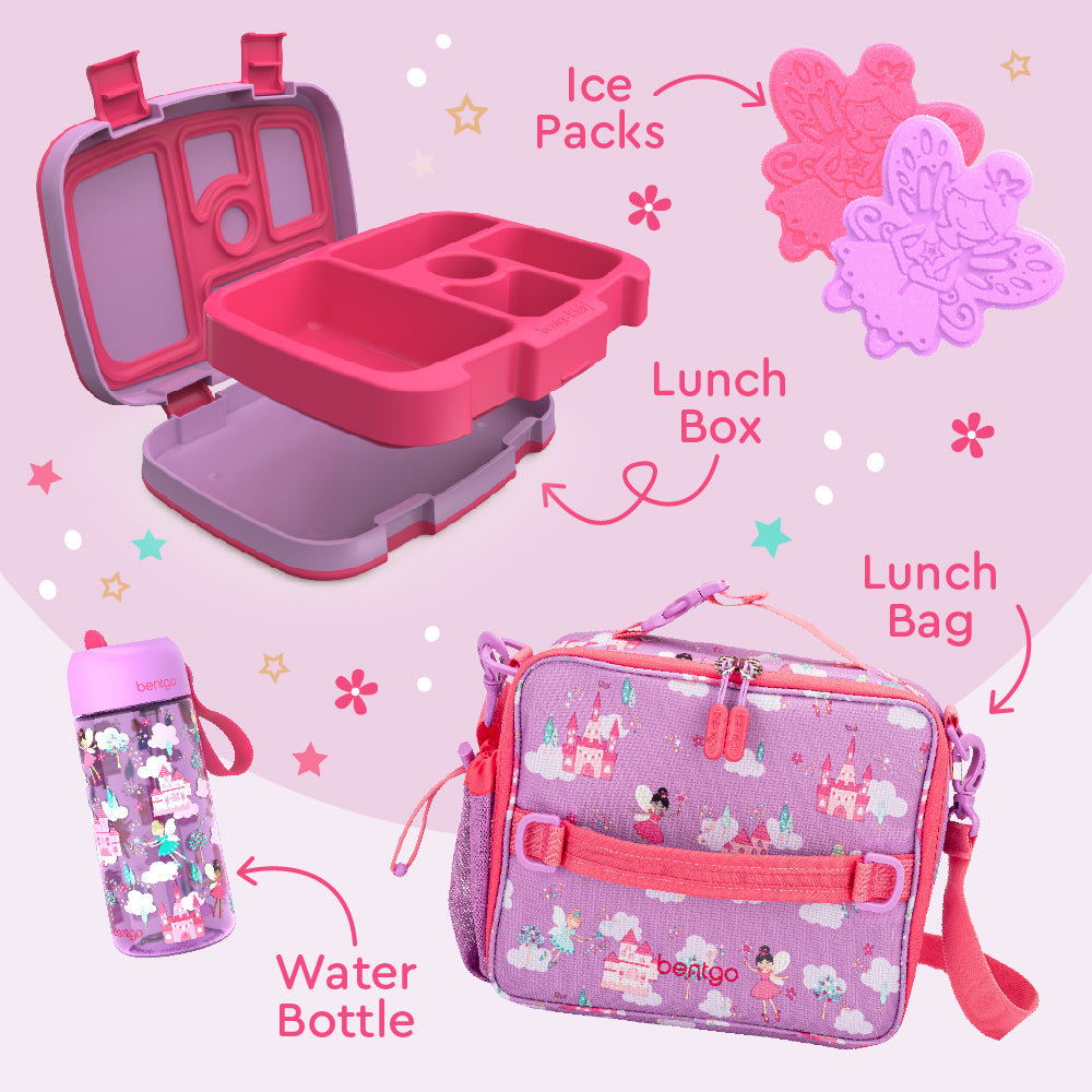 Bentgo® Kids Prints Lunch 5-Piece Set with Ice Packs - Fairies | This Set Includes A Lunch Box, Lunch Bag, Water Bottle, and Ice Packs