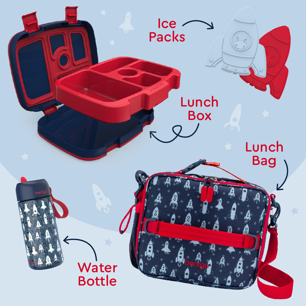 Bentgo® Kids Prints Lunch 5-Piece Set with Ice Packs - Space Rockets | This Set Includes A Lunch Box, Lunch Bag, Water Bottle, and Ice Packs