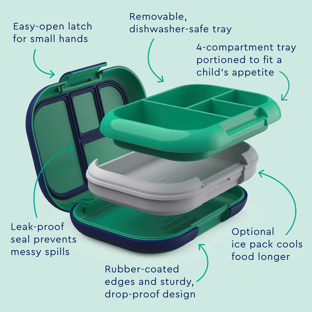 Bentgo® Kids Chill Lunch Box (2-Pack) - Green/Navy | Kids Lunch Box Features Include Easy To Open And Close Latches, Leak-Proof Technology Keeps Lunch Fresh And Mess-Free, And Rubber-Coated Edges And Sturdy, Drop-Proof Design