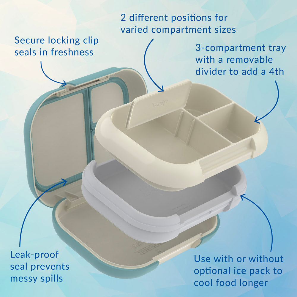 Bentgo® Chill Max Lunch Box - Bone and Glacier Blue | Secure Locking Clip, 2 Different Positions For Varied Compartment Sizes, 3-Compartment Tray With A Removable Divider To Add A 4th, Leak-Proof Seal Prevents Messy Spills, And Use With Or Without Optional Ice Pack To Cool Food Longer