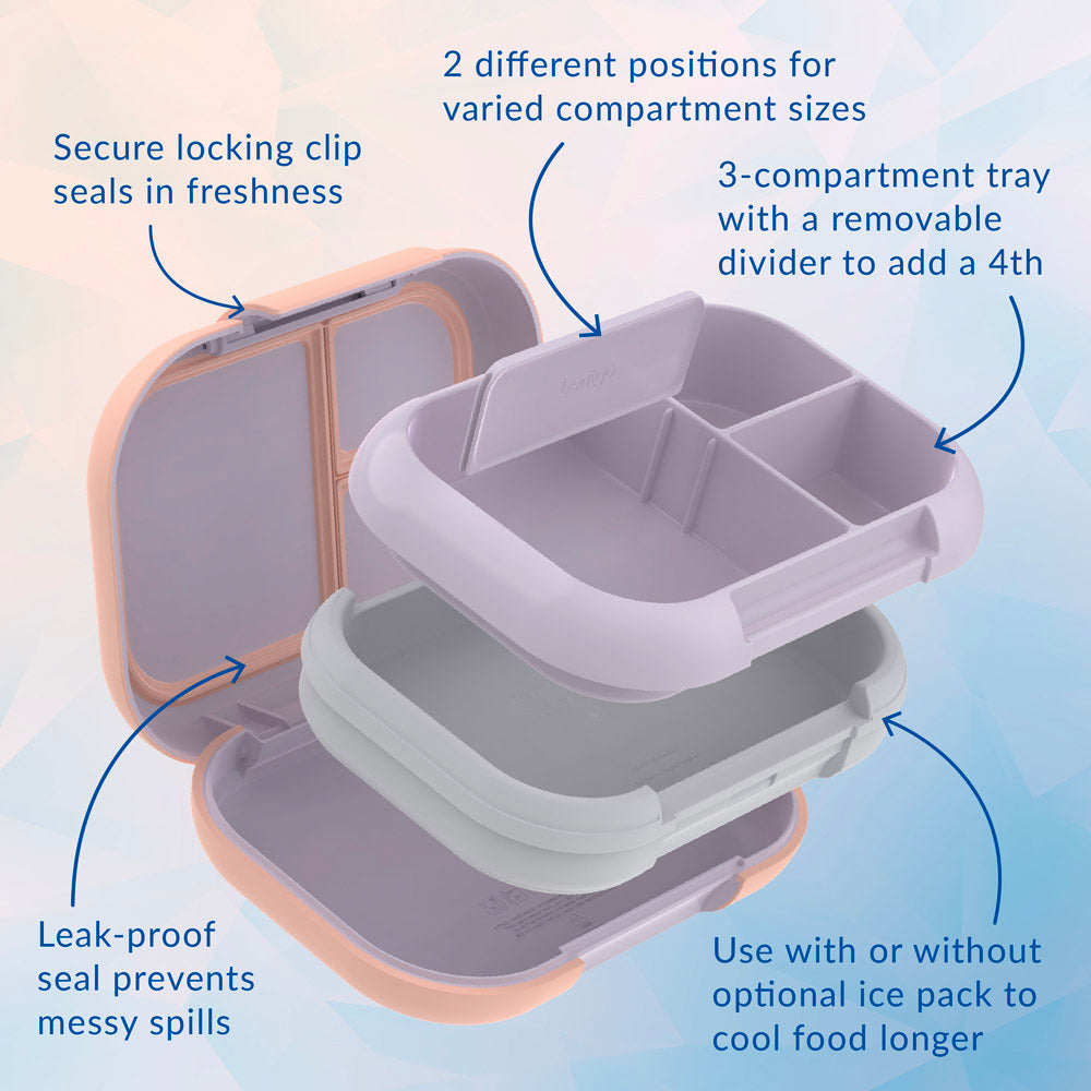 Bentgo® Chill Max Lunch Box - Lavender and Peach | Secure Locking Clip, 2 Different Positions For Varied Compartment Sizes, 3-Compartment Tray With A Removable Divider To Add A 4th, Leak-Proof Seal Prevents Messy Spills, And Use With Or Without Optional Ice Pack To Cool Food Longer