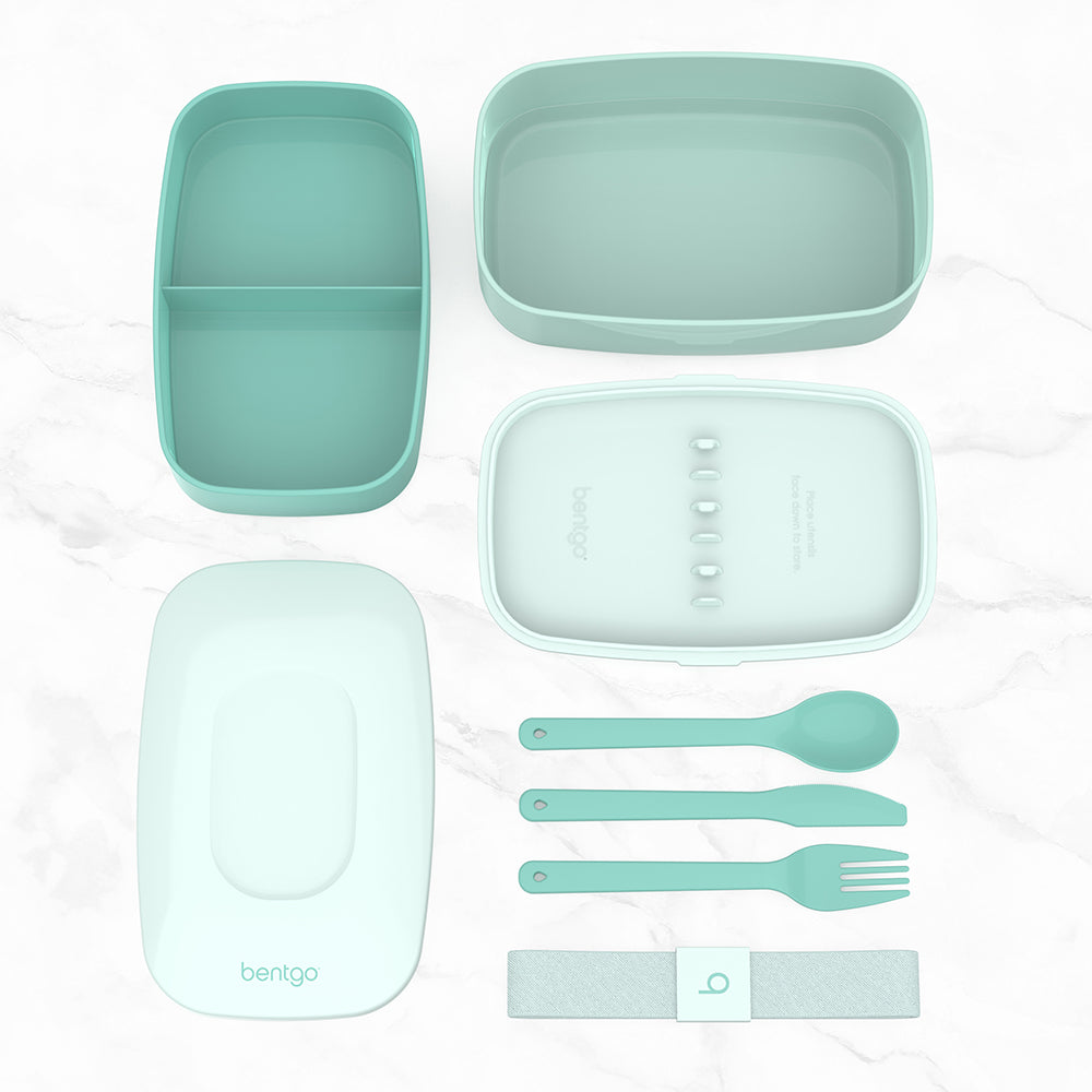 Bentgo® Classic Lunch Box (2-Pack) - Coastal Aqua | This Classic Lunch Box (2-Pack) Includes A Plastic Utensil Set And Three Different Food Compartments Held Together With A Nylon Strap