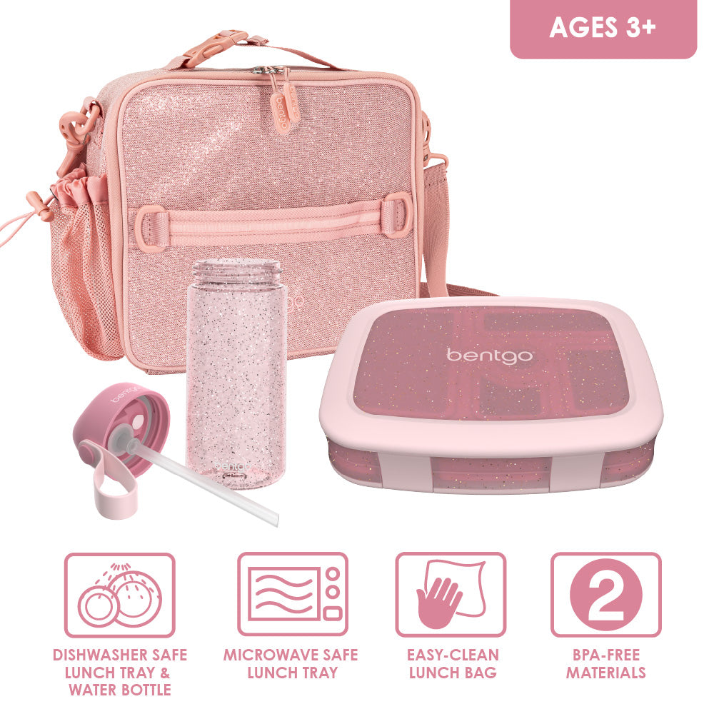 Bentgo® Kids Glitter Lunch Set - Petal Pink Glitter | Dishwasher Safe Lunch Tray & Water Bottle, Microwave Safe Lunch Tray, Easy-Clean Lunch Bag, And Made With BPA-Free Materials