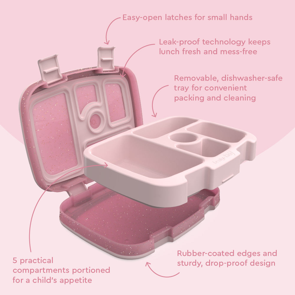 Bentgo® Kids Glitter Lunch Set - Petal Pink Glitter | Kids Lunch Box Features Include Easy To Open And Close Latches, Leak-Proof Technology Keeps Lunch Fresh And Mess-Free, And Rubber-Coated Edges And Sturdy, Drop-Proof Design