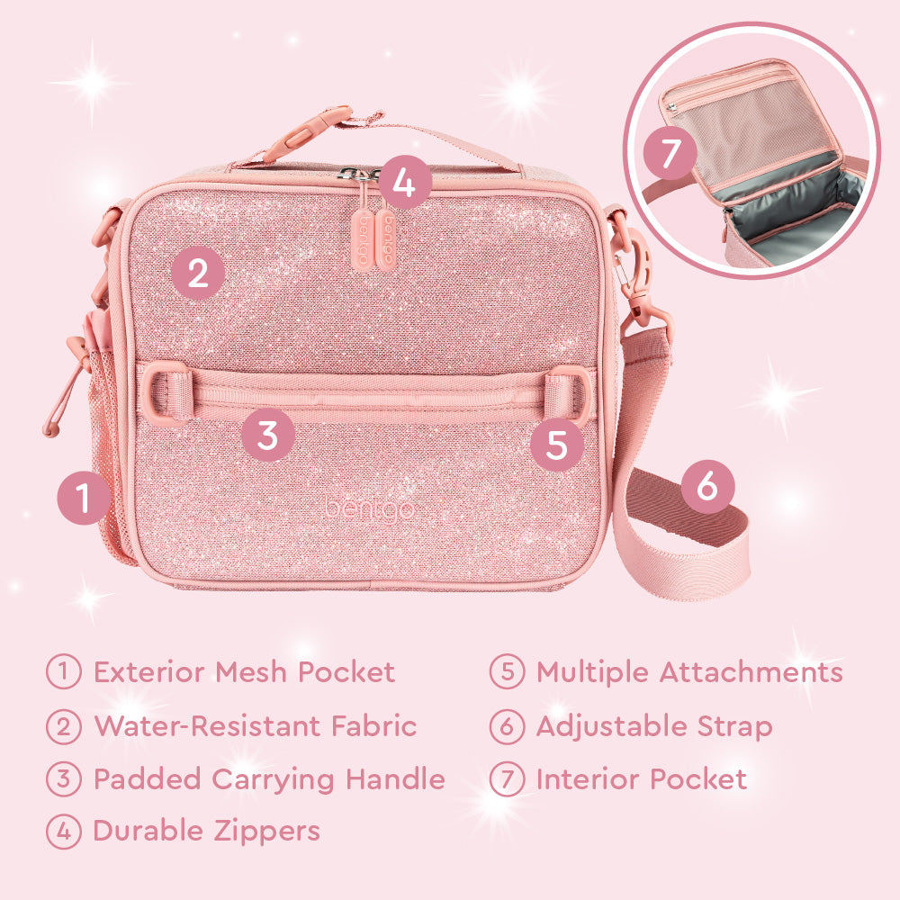 Bentgo® Kids Glitter Lunch Set - Petal Pink Glitter | Kids Lunch Bag Features Exterior Mesh Pocket, Water-Resistant Fabric, Durable Zippers, And Much More