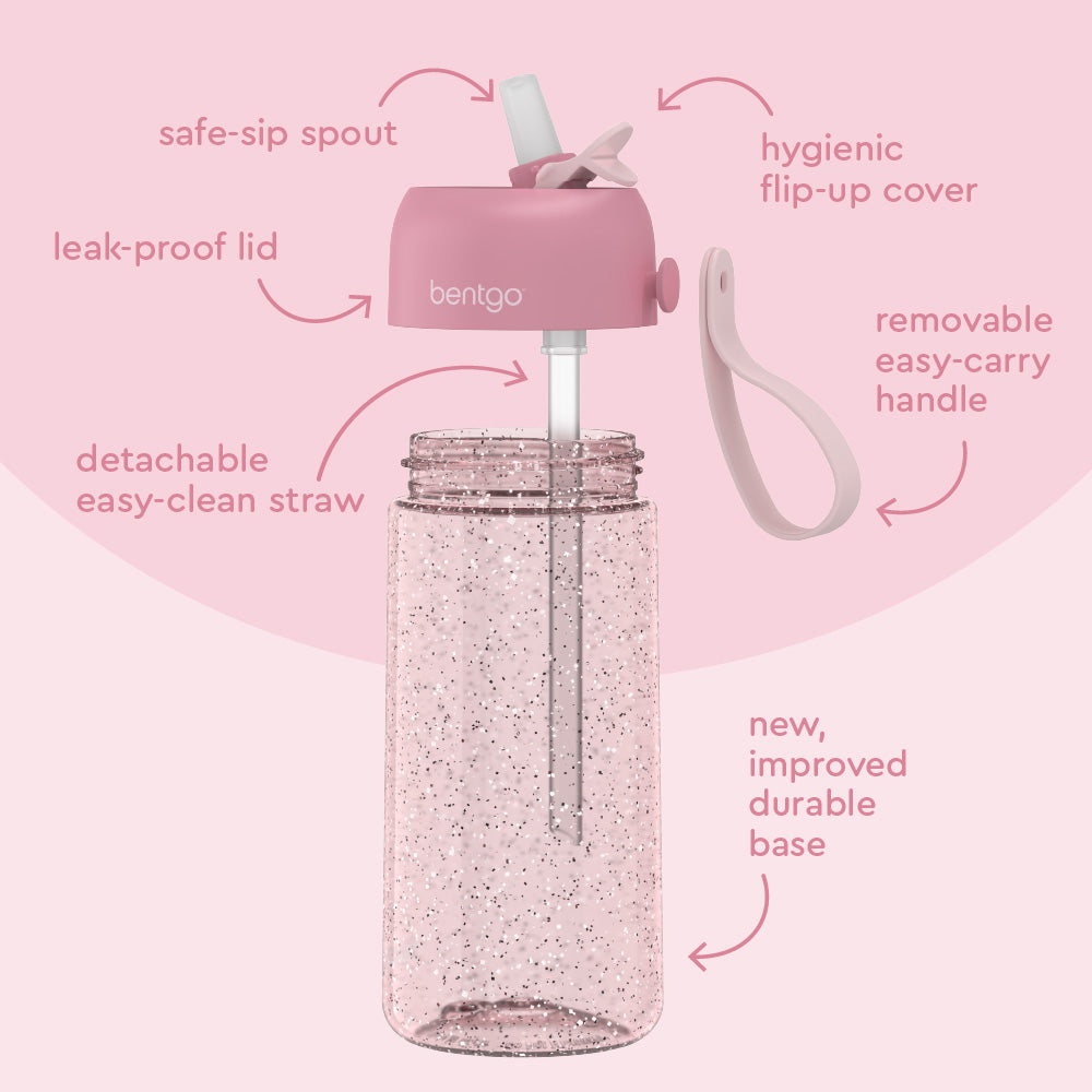 Bentgo® Kids Glitter Lunch Set - Petal Pink Glitter | Water Bottle Features Safe-Sip Spout, Leak-Proof Lid, Hygienic Flip-Up Cover And Much More