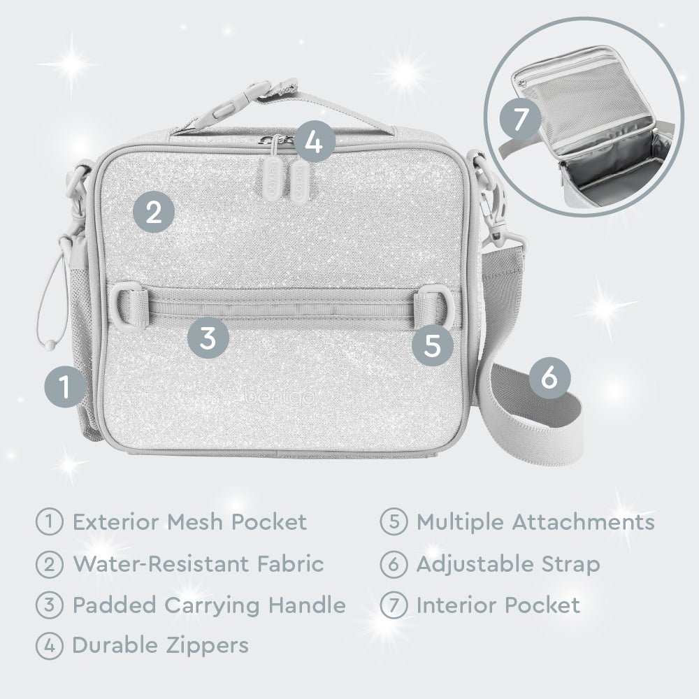 Bentgo® Kids Glitter Lunch Set - Silver Glitter | Kids Lunch Bag Features Exterior Mesh Pocket, Water-Resistant Fabric, Durable Zippers, And Much More