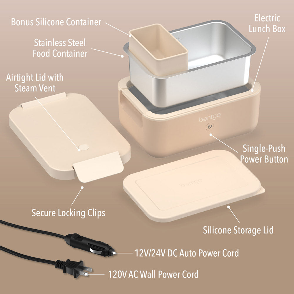 Bentgo® Heat Electric Lunch Box  - Latte | Includes Electric Lunch Box, Secure Locking Clips, Single-Push Power Button, Bonus Silicone Container, Stainless Steel Food Container, Silicone Storage Lid, 12V/24V DC Auto Power Cord, 120V AC Wall Power Cord, And Airtight Lid with Steam Vent