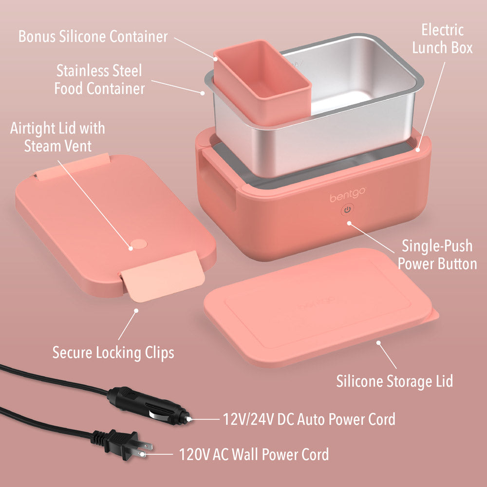 Bentgo® Heat Electric Lunch Box  - Pink Spice | Includes Electric Lunch Box, Secure Locking Clips, Single-Push Power Button, Bonus Silicone Container, Stainless Steel Food Container, Silicone Storage Lid, 12V/24V DC Auto Power Cord, 120V AC Wall Power Cord, And Airtight Lid with Steam Vent