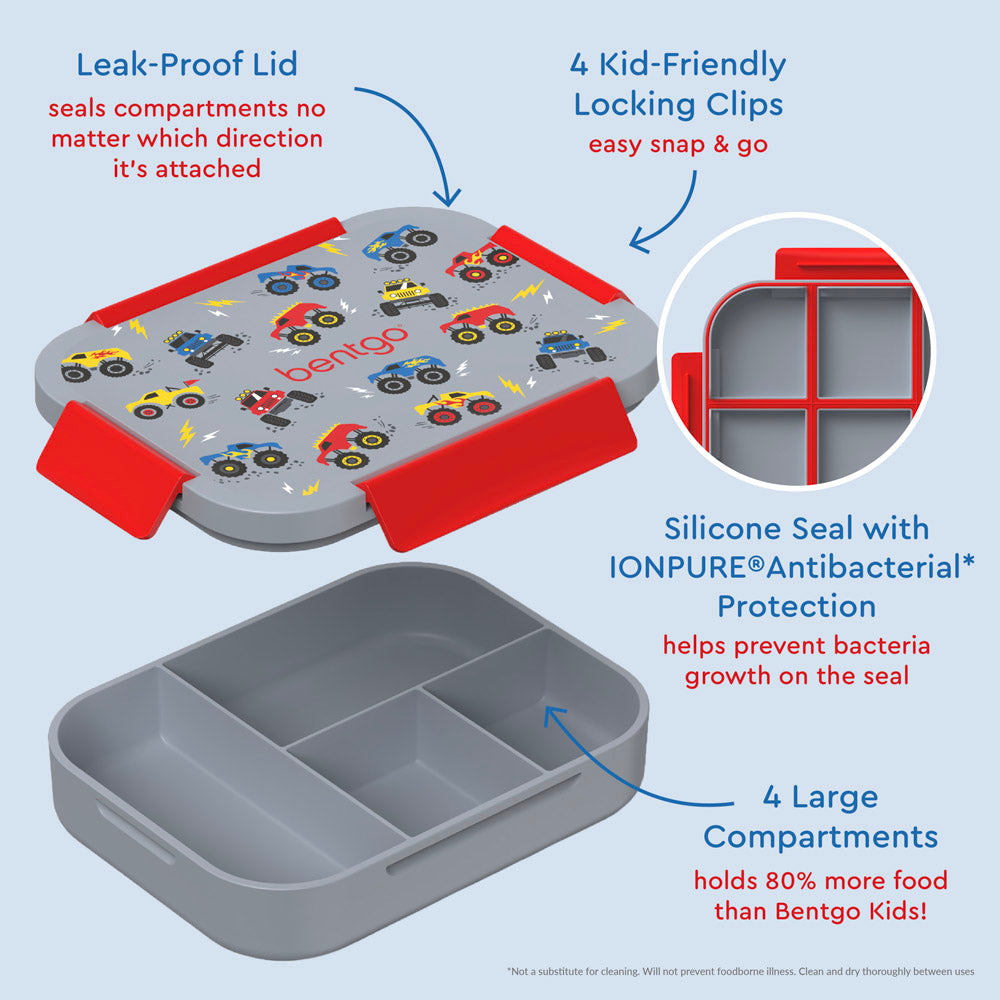 Bentgo® Kids Snap & Go Lunch Box | Trucks - Our Lunch Box Features A Leak-Proof Lid, Kid-Friendly Locking Clips, and 4 Large Compartments