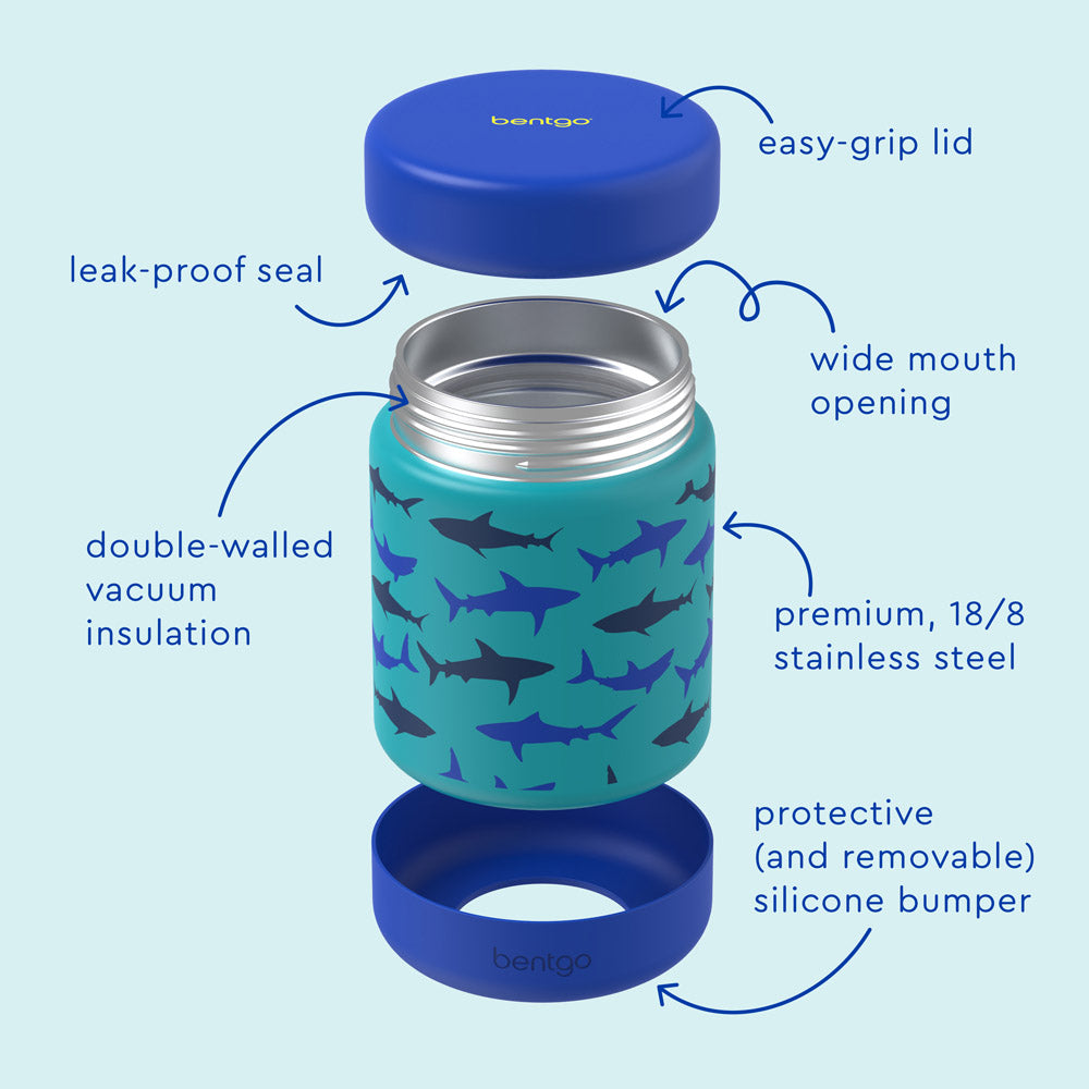 Bentgo® Kids Stainless Steel Food Jar - Sharks | Water Bottle Features Leak-Proof Seal, Easy-Grip Lid, Wide Mouth Opening, And Much More