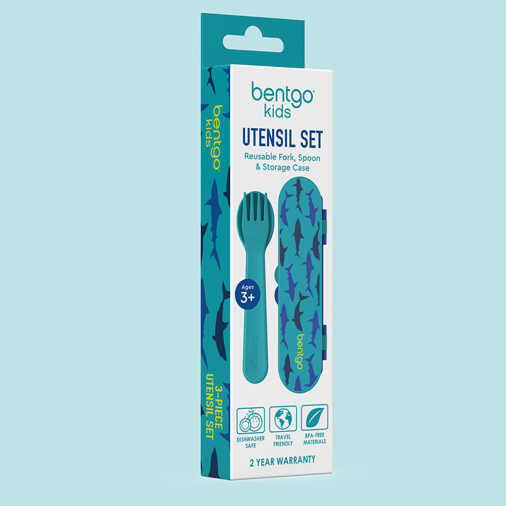 Bentgo® Kids Utensils Set | Sharks - 3-Piece Utensil Set including a reusable fork, spoon, and storage case