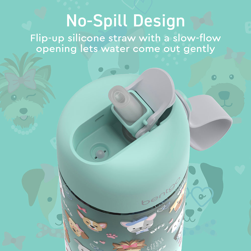 Bentgo® Kids Water Bottle  - Puppy Love | No-Spill Design - Flip-Up Silicone Straw With A Slow-Flow Opening Lets Water Come Out Gently