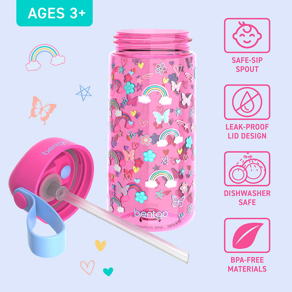 Bentgo® Kids Water Bottle  - Rainbows and Butterflies | Safe-Sip Spout, Leak-Proof Lid, Dishwasher Safe, And Made With BPA-Free Materials