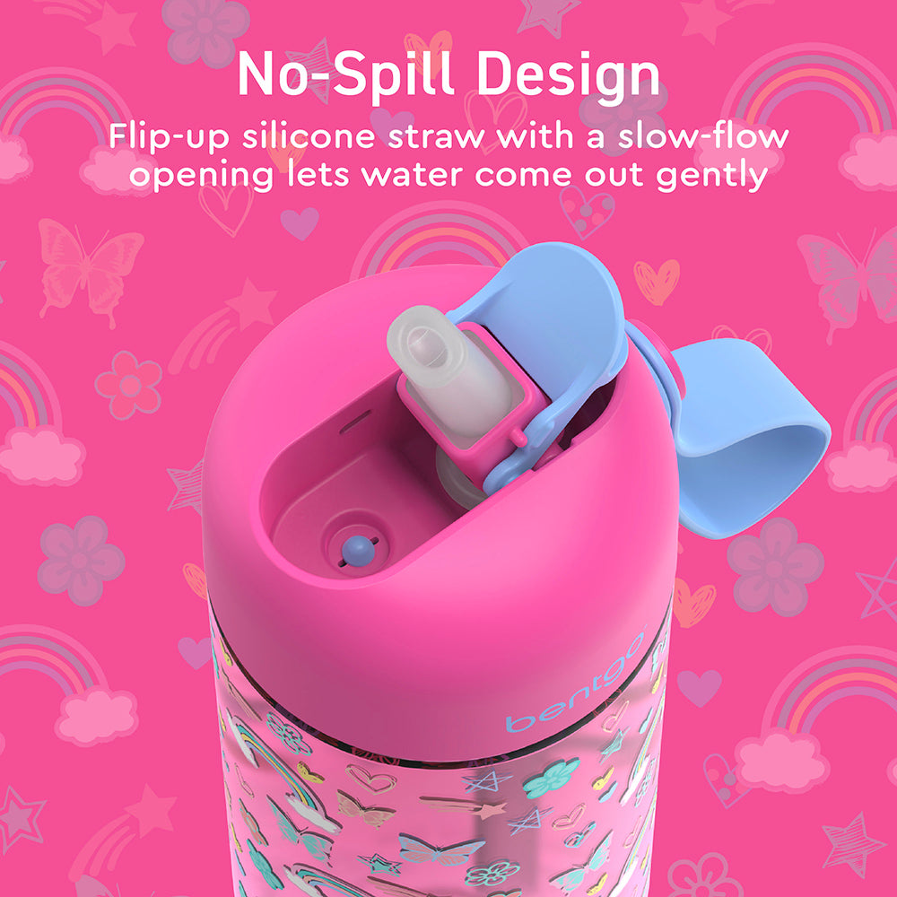 Bentgo® Kids Water Bottle  - Rainbows and Butterflies | No-Spill Design - Flip-Up Silicone Straw With A Slow-Flow Opening Lets Water Come Out Gently