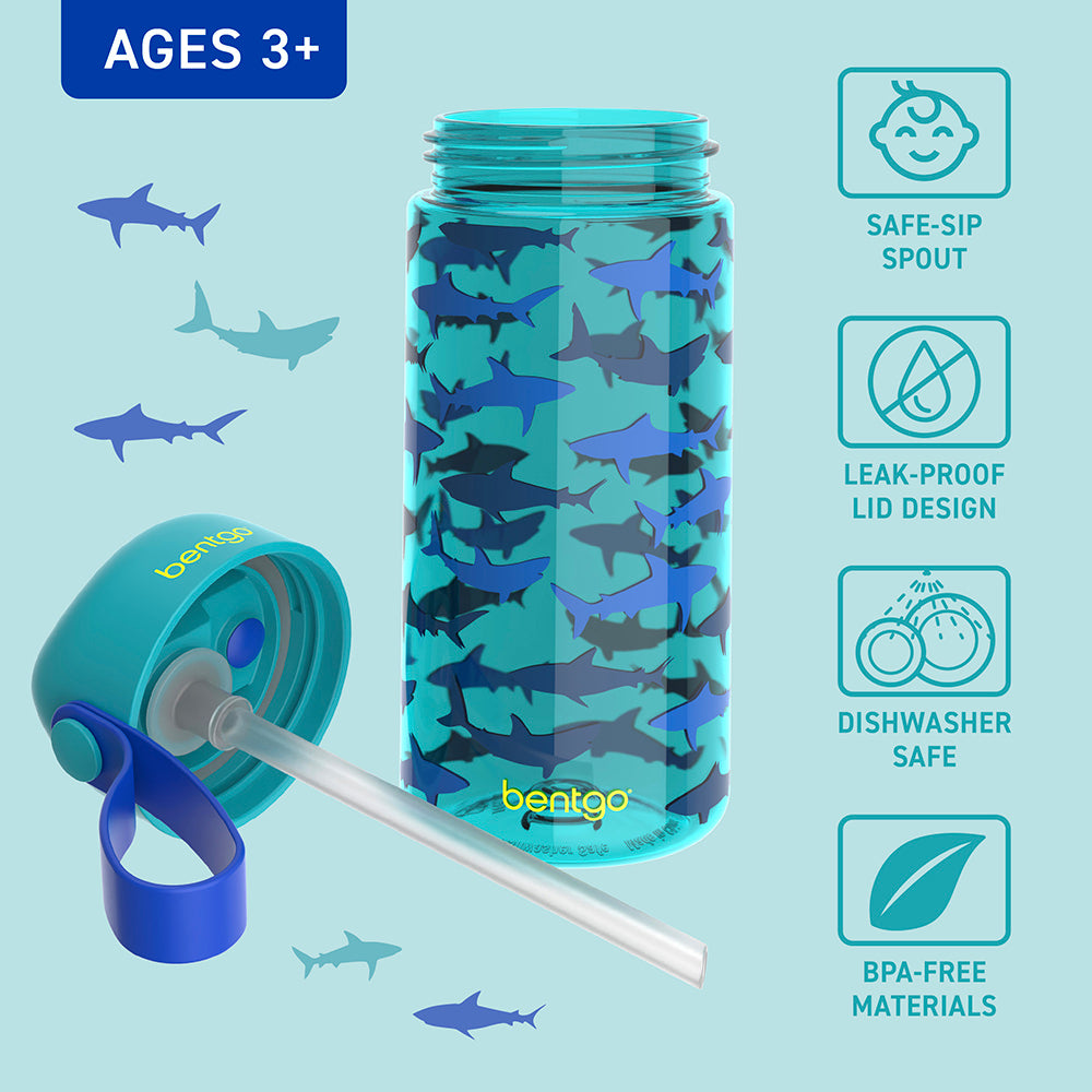 Bentgo® Kids Water Bottle  - Sharks | Safe-Sip Spout, Leak-Proof Lid, Dishwasher Safe, And Made With BPA-Free Materials