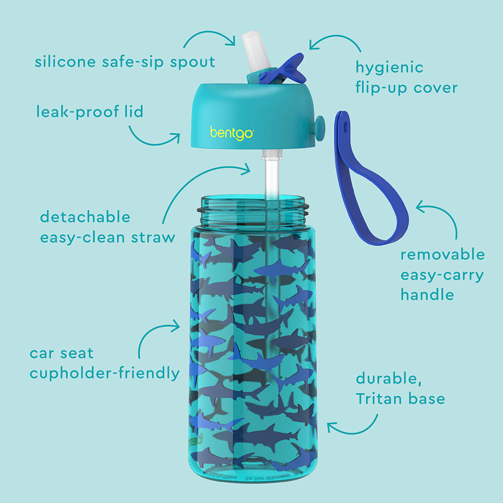 Bentgo® Kids Water Bottle  - Sharks | Hygienic Flip-Uo Cover, Silicone Safe-Sip Spout, Leak-Proof Lid, Detachable Easy-Clean Straw, Durable Tritan Base, And Removable Easy-Carry Handle