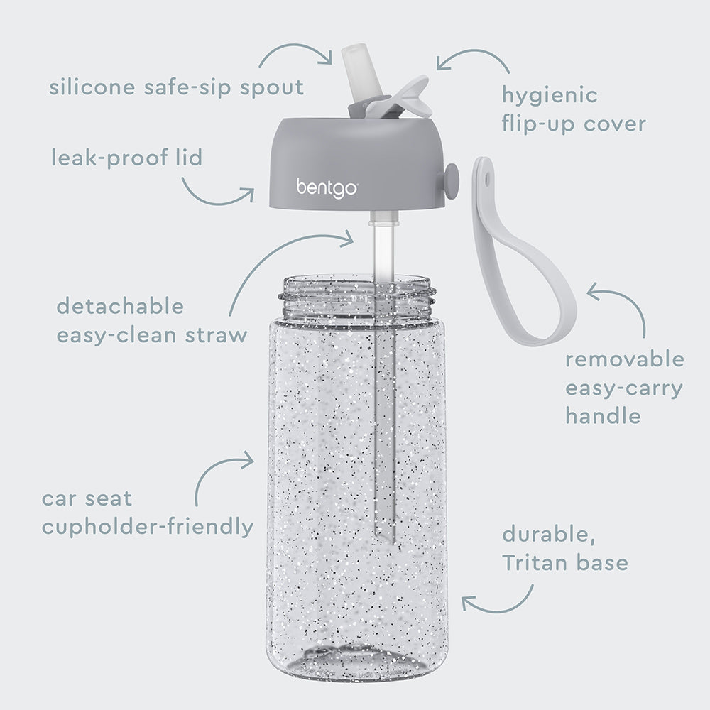 Bentgo® Kids Water Bottle  - Silver Glitter | Hygienic Flip-Uo Cover, Silicone Safe-Sip Spout, Leak-Proof Lid, Detachable Easy-Clean Straw, Durable Tritan Base, And Removable Easy-Carry Handle