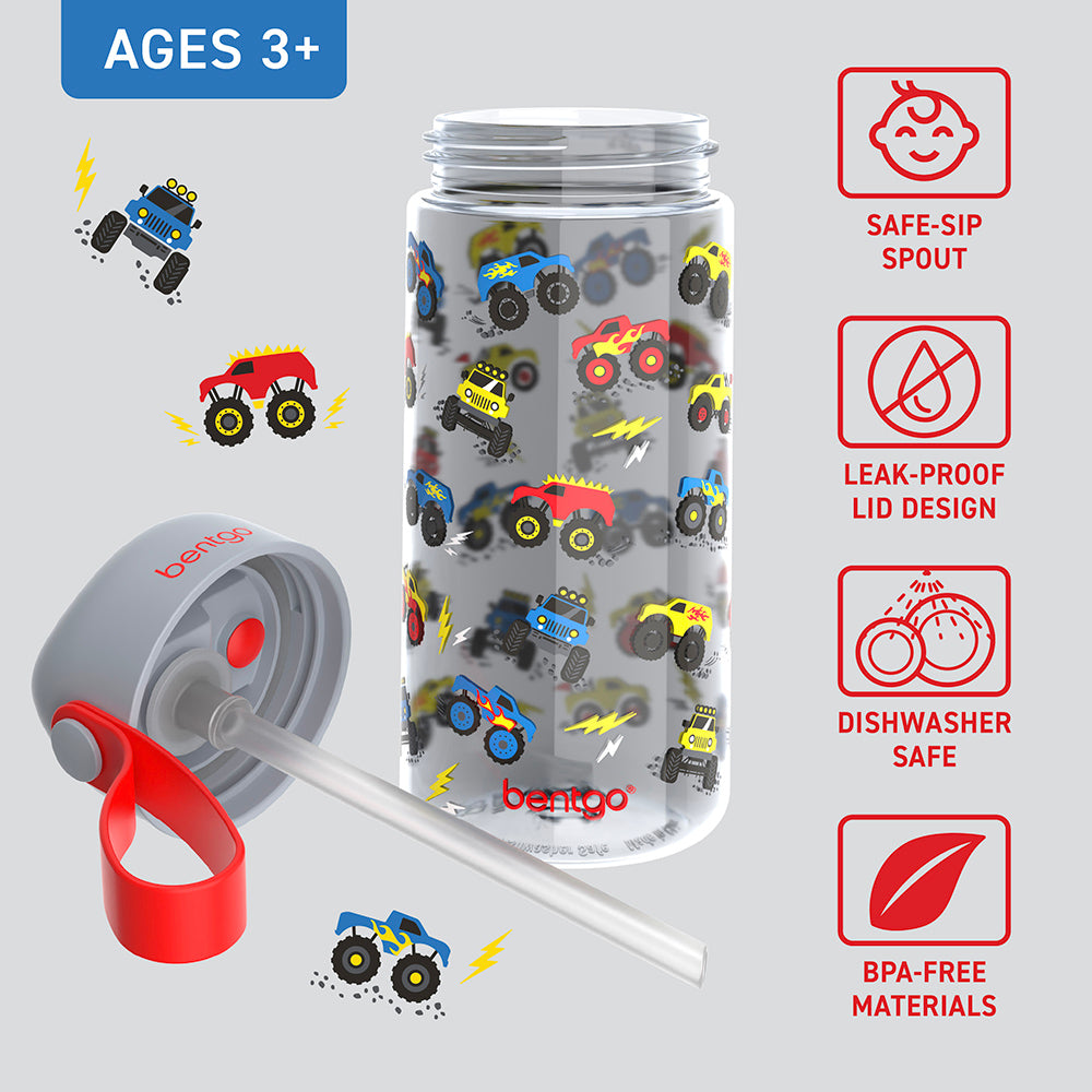 Bentgo® Kids Water Bottle  - Trucks | Safe-Sip Spout, Leak-Proof Lid, Dishwasher Safe, And Made With BPA-Free Materials