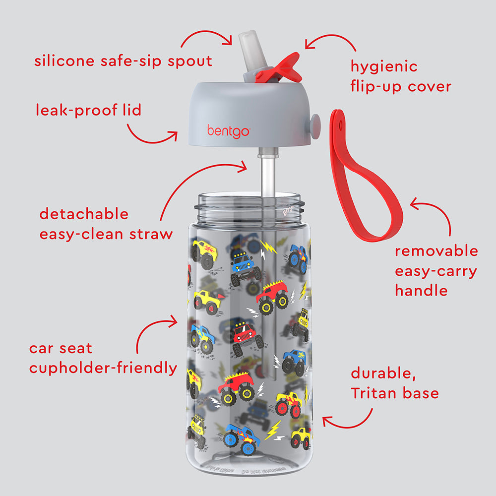 Bentgo® Kids Water Bottle  - Trucks | Hygienic Flip-Uo Cover, Silicone Safe-Sip Spout, Leak-Proof Lid, Detachable Easy-Clean Straw, Durable Tritan Base, And Removable Easy-Carry Handle