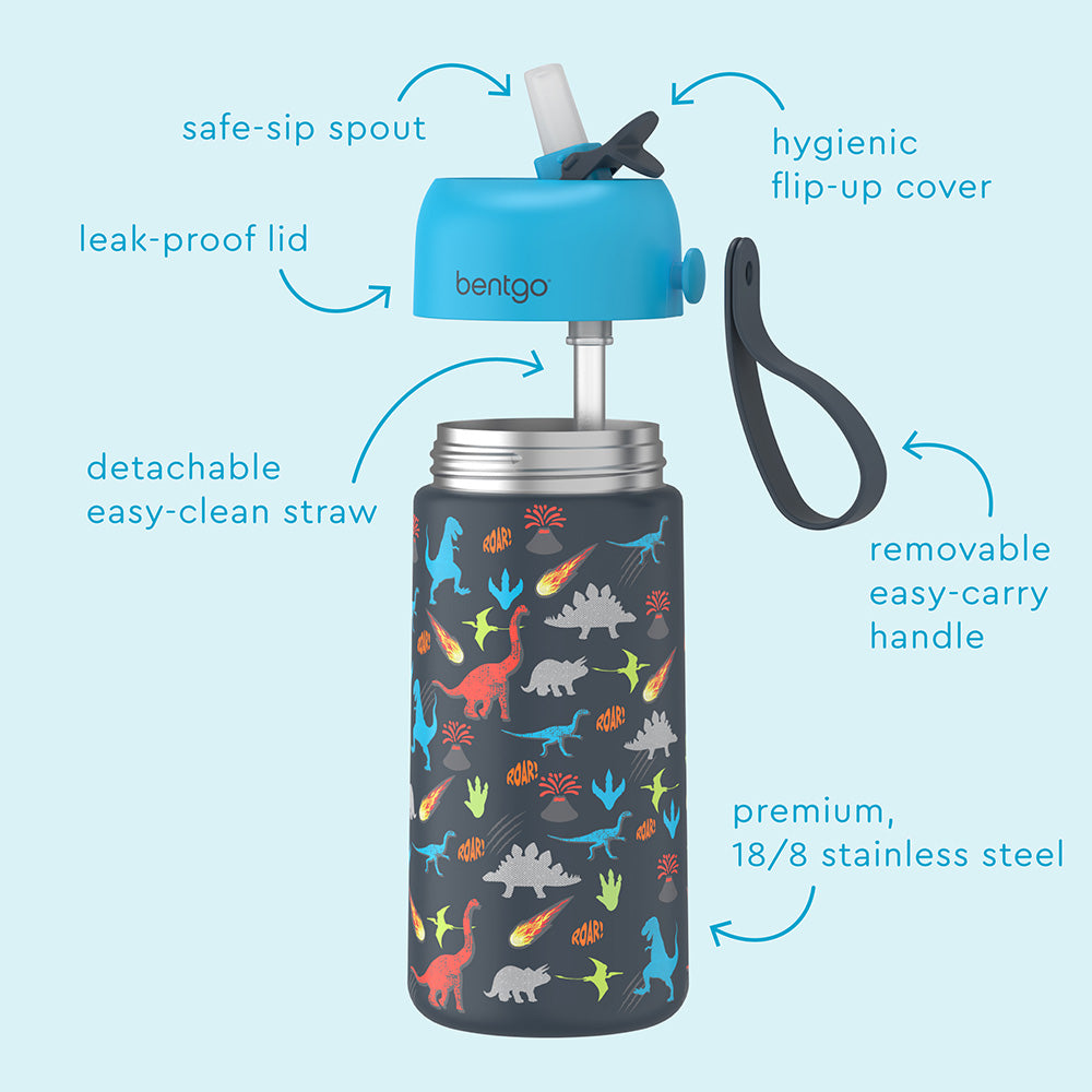 Bentgo® Kids Stainless Steel Insulated Water Bottle - Dinosaur | Water Bottle Features Safe-Sip Spout, Leak-Proof Lid, Premium, 18/8 Stainless Steel And Much More