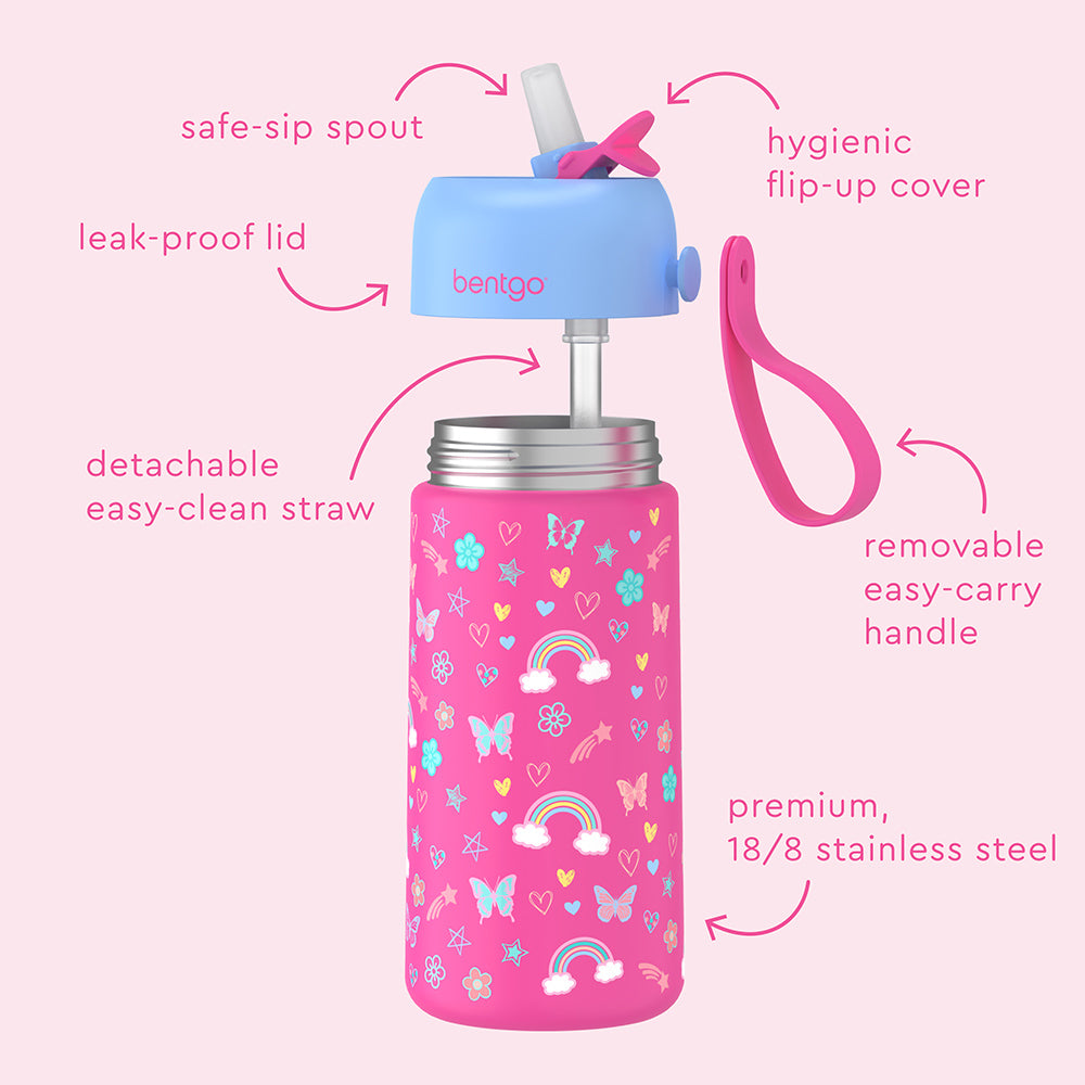 Bentgo® Kids Stainless Steel Insulated Water Bottle - Rainbows and Butterflies | Water Bottle Features Safe-Sip Spout, Leak-Proof Lid, Premium, 18/8 Stainless Steel And Much More