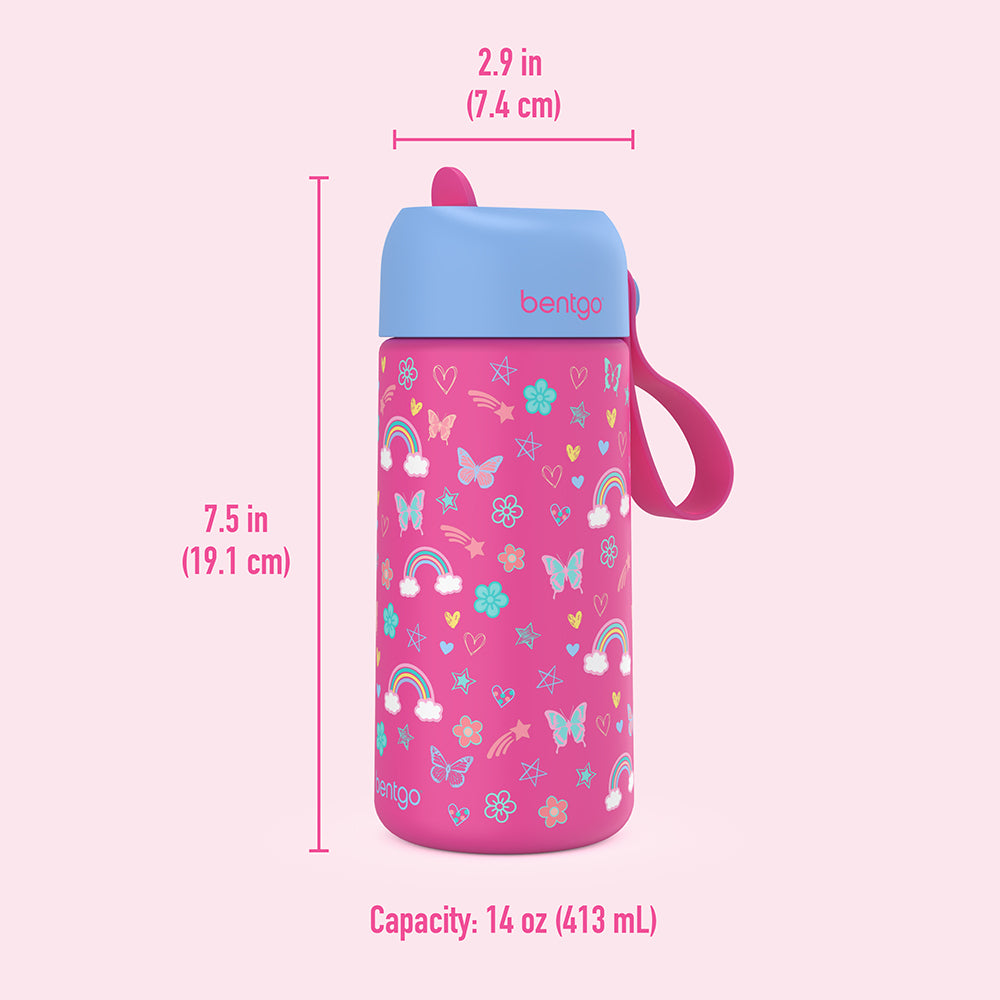 Bentgo® Kids Stainless Steel Insulated Water Bottle - Rainbows and Butterflies | Insulated Water Bottle Dimensions