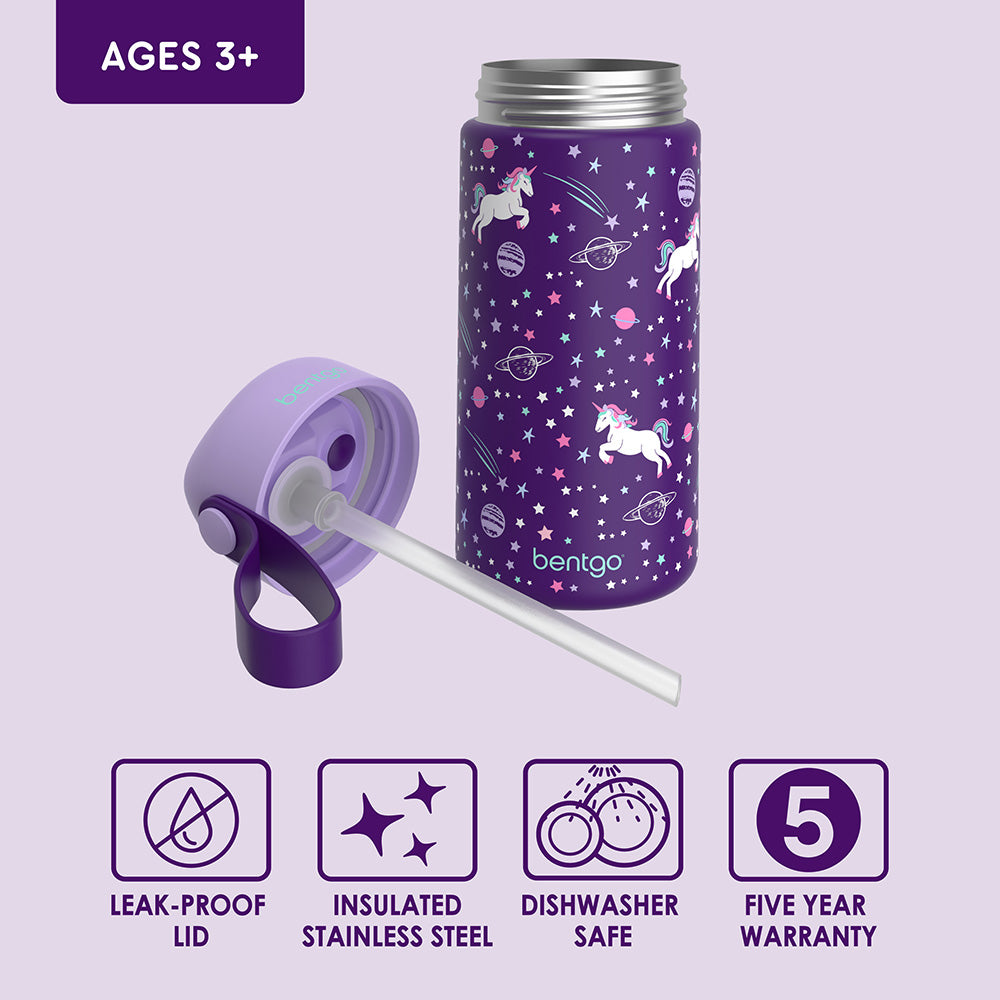 Bentgo® Kids Stainless Steel Insulated Water Bottle - Unicorn | Water Bottle Features Include Leak-Proof Lid, Insulated Stainless Steel, Dishwasher Safe, And A 5-Year Warranty