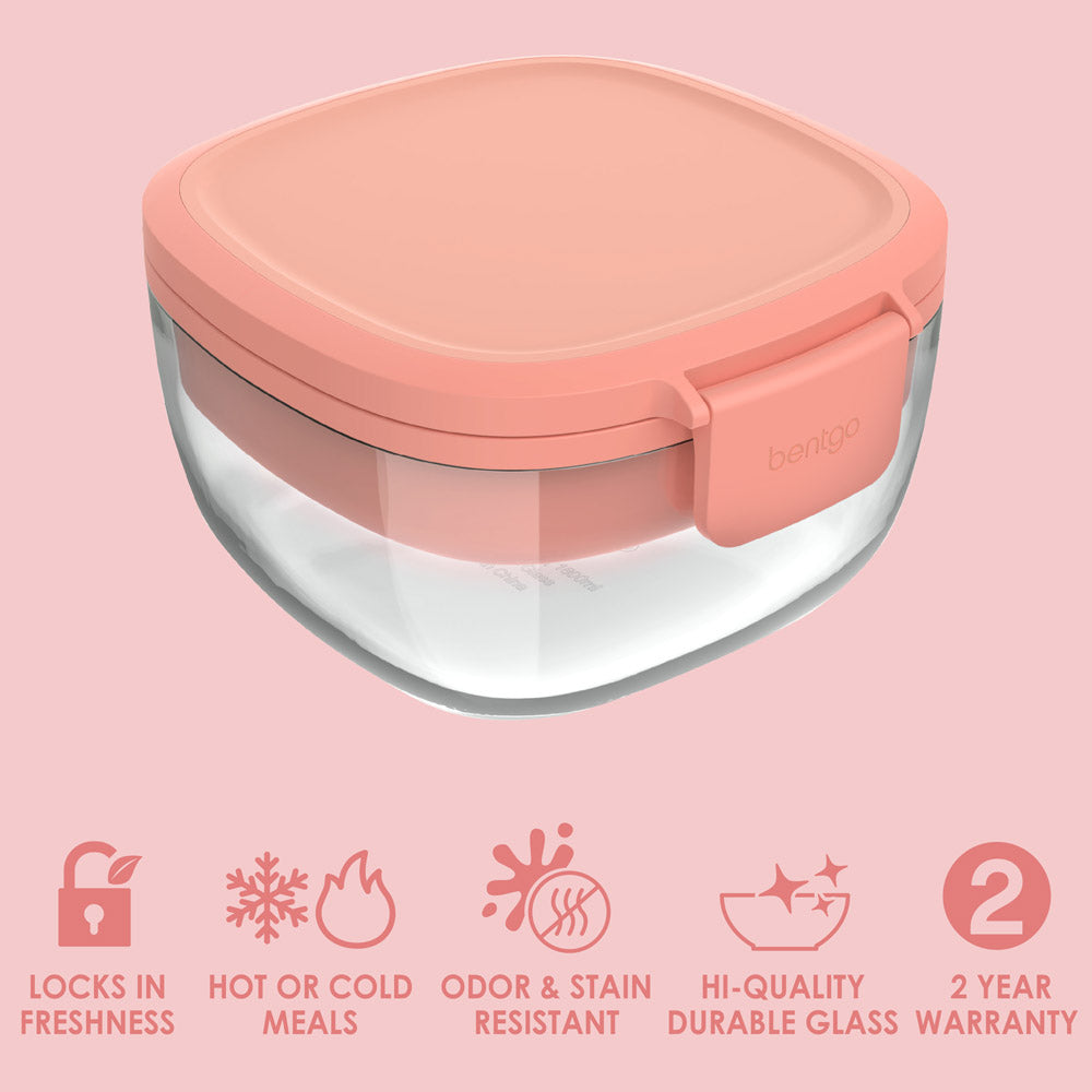 Bentgo® Glass Salad Container - Coral | Locks In Freshness, Great For Hot Or Cold Meals, Odor & Stain Resistant, Hi-Quality Durable Glass, Container With A 2 Year Warranty