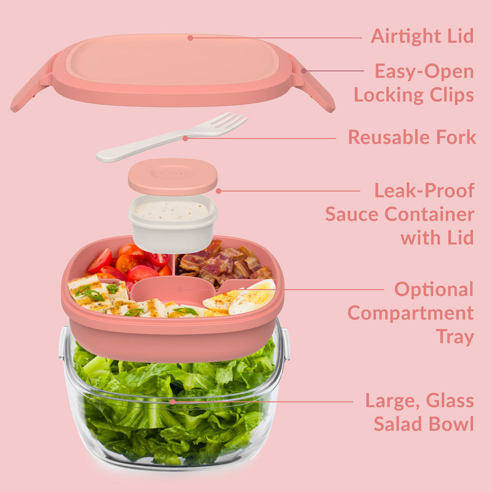 Bentgo® Glass Salad Container - Coral | Salad Container Contains An Airtight Lid, Easy-Open Locking Clips, Reusable Fork, Leak-Proof Sauce Container With Lid, Optional Compartment Tray, And Large, Glass Salad Bowl