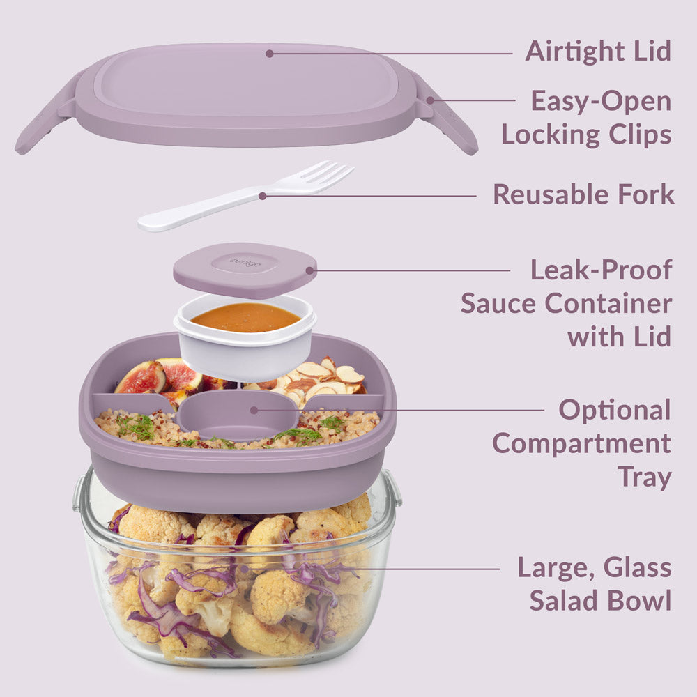 Bentgo® Glass Salad Container - Lavender | Salad Container Contains An Airtight Lid, Easy-Open Locking Clips, Reusable Fork, Leak-Proof Sauce Container With Lid, Optional Compartment Tray, And Large, Glass Salad Bowl