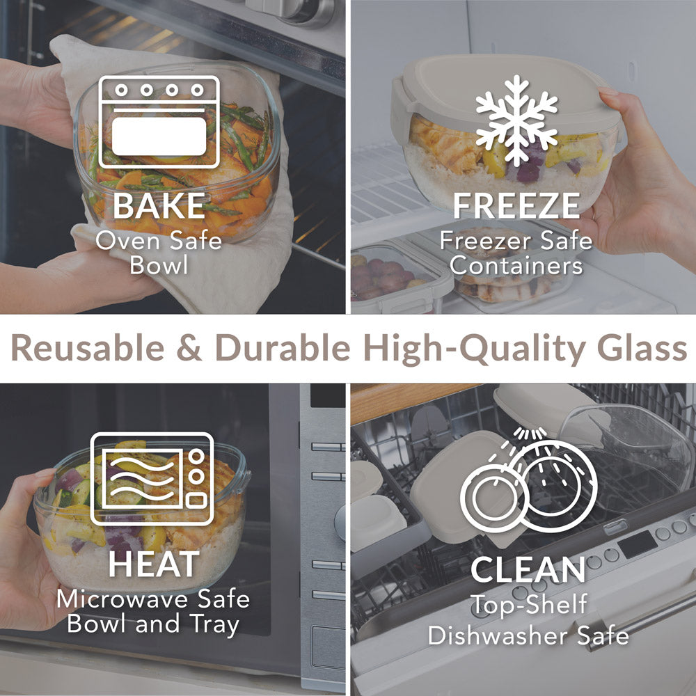 Bentgo® Glass Salad Container - White Stone Tan | Made With Reusable & Durable High-Quality Glass. Oven Safe, Freezer Safe, Microwave Safe, and Top-Shelf Dishwasher Safe