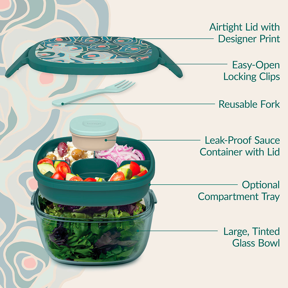 Bentgo® Glass Prints All-in-One Salad Container - Floral Maximalist - Sea | Salad Container Contains An Airtight Lid With Designer Print, Easy-Open Locking Clips, Reusable Fork, Leak-Proof Sauce Container With Lid, Optional Compartment Tray, And Large, Glass Salad Bowl