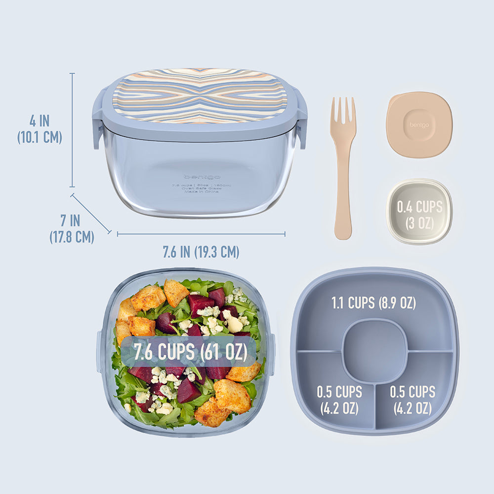 Bentgo® Glass Prints All-in-One Salad Container - Wildly Chic - Soft Blue | Salad Container Dimensions