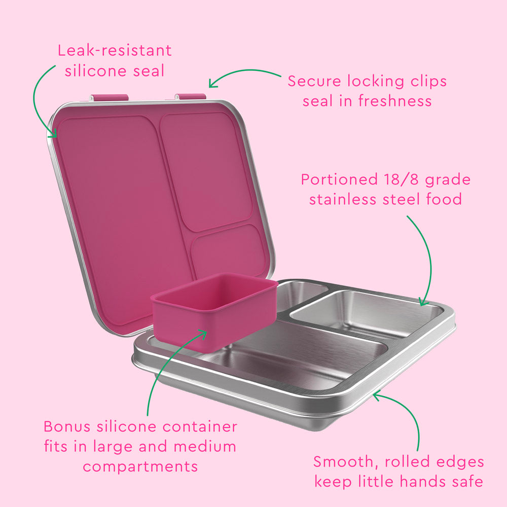 Bentgo® Kids Stainless Steel Lunch Box  - Fuchsia | Leak-Resistant Silicone Seal, Secure Locking Clips Seal In Freshness, Portioned 18/8 Grade Stainless Steel Food, Bonus Silicone Container Fits In Large And Medium Compartments, And Smooth, Rolled Edges Keep Little Hands Safe