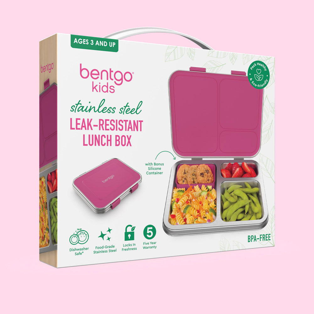 Bentgo® Kids Stainless Steel Lunch Box  - Fuchsia | Packaging