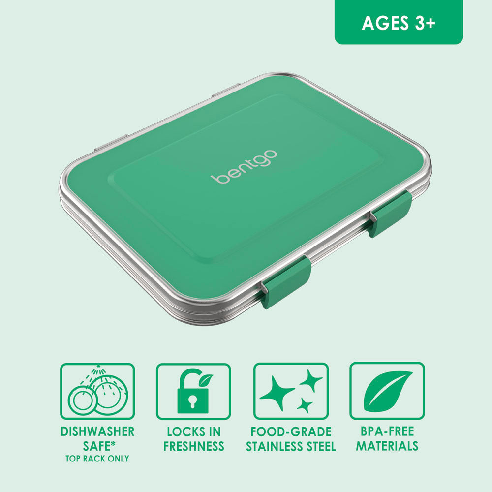 Bentgo® Kids Stainless Steel Lunch Box  - Green | Dishwasher Safe, Locks In Freshness, Food-Grade Stainless Steel, And Made With BPA-Free Materials