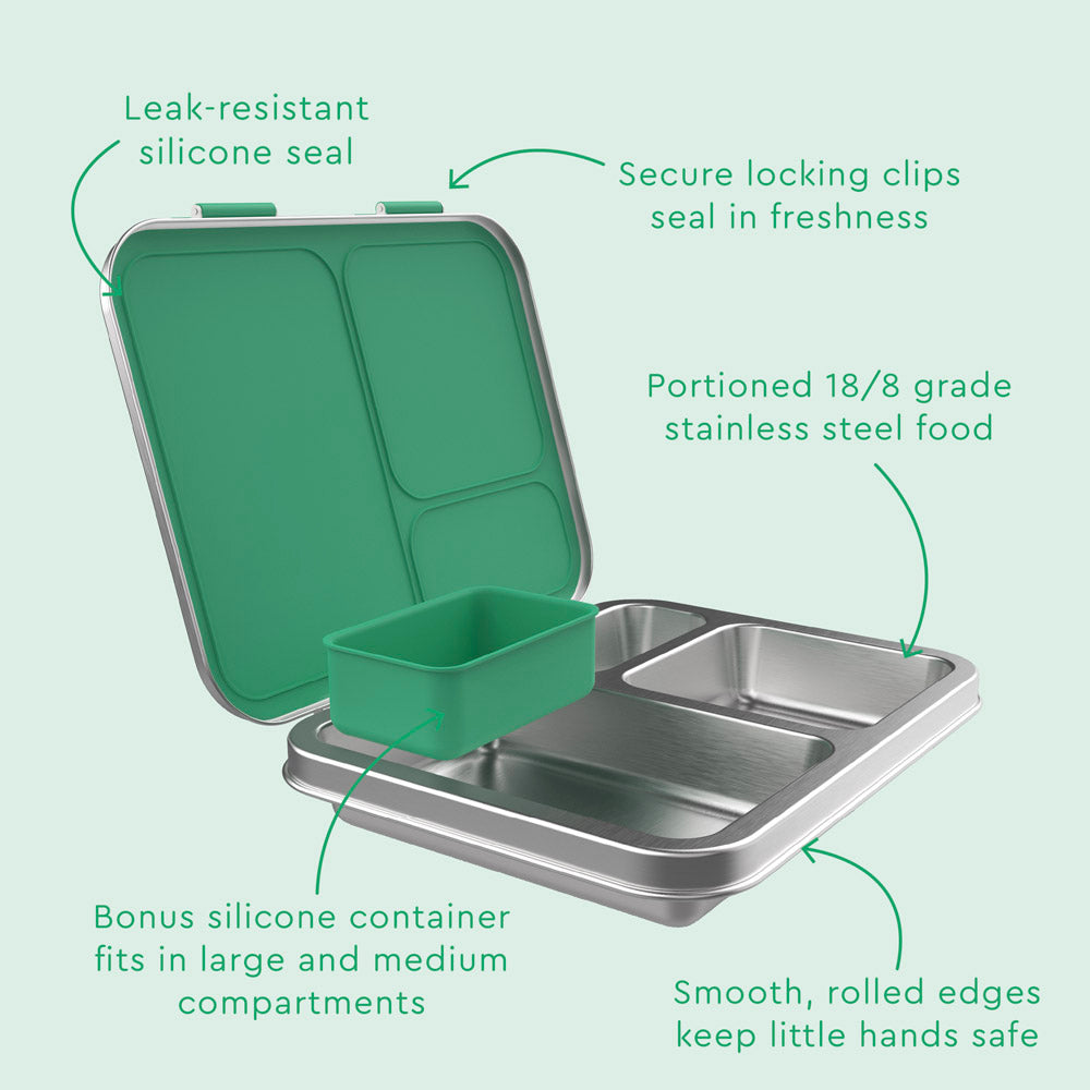 Bentgo® Kids Stainless Steel Lunch Box  - Green | Leak-Resistant Silicone Seal, Secure Locking Clips Seal In Freshness, Portioned 18/8 Grade Stainless Steel Food, Bonus Silicone Container Fits In Large And Medium Compartments, And Smooth, Rolled Edges Keep Little Hands Safe