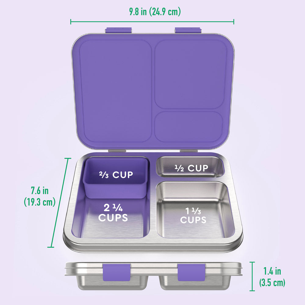 Bentgo® Kids Stainless Steel Lunch Box  - Purple | What’s In The Box + Dimensions