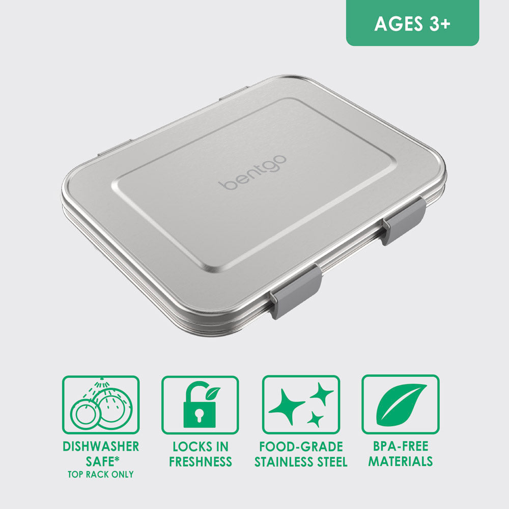 Bentgo® Kids Stainless Steel Lunch Box  - Silver | Dishwasher Safe, Locks In Freshness, Food-Grade Stainless Steel, And Made With BPA-Free Materials