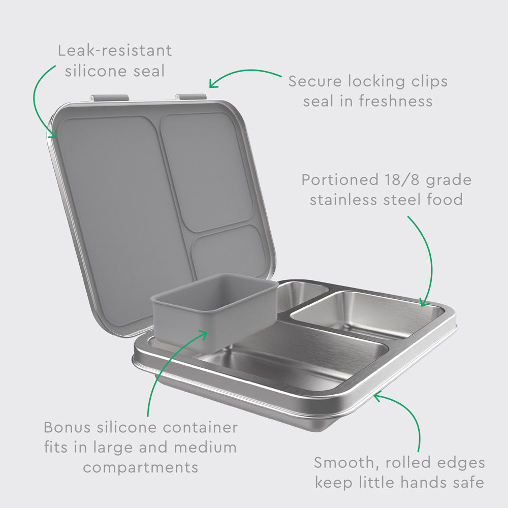 Bentgo® Kids Stainless Steel Lunch Box  - Silver | Leak-Resistant Silicone Seal, Secure Locking Clips Seal In Freshness, Portioned 18/8 Grade Stainless Steel Food, Bonus Silicone Container Fits In Large And Medium Compartments, And Smooth, Rolled Edges Keep Little Hands Safe